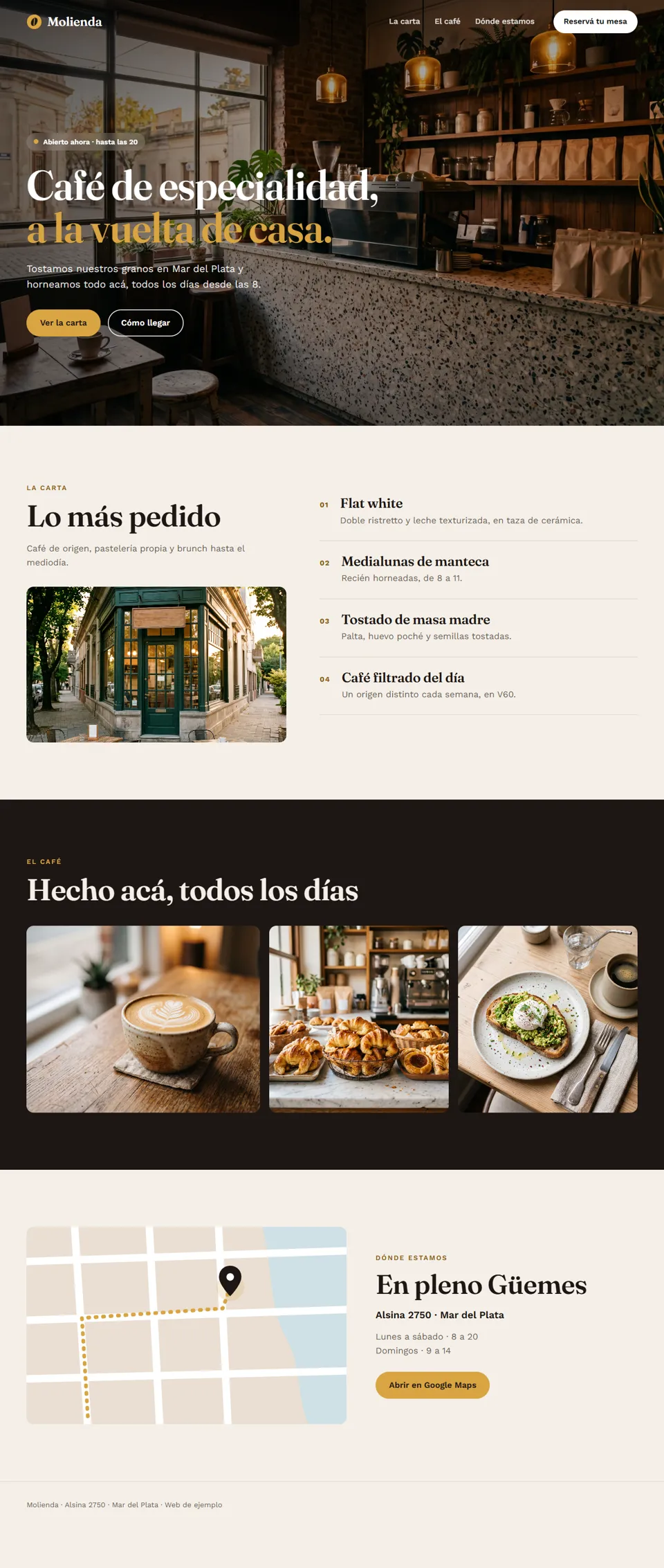 Web de ejemplo de una cafetería, en la compu